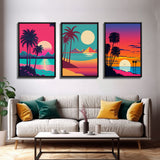 Retrowave Priint Set  - 3 Piece Wall Art - Triptych 3 Panel Art - Beach Wall Art - Framed Canvas Prints - Tropical Beach Decor