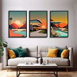 Midcentury Modern Architecture Art, Framed Canvas Prints, Retro Style Retrowave Art, 3 Panel Canvas, 3 Piece Art Set, Sunset Art