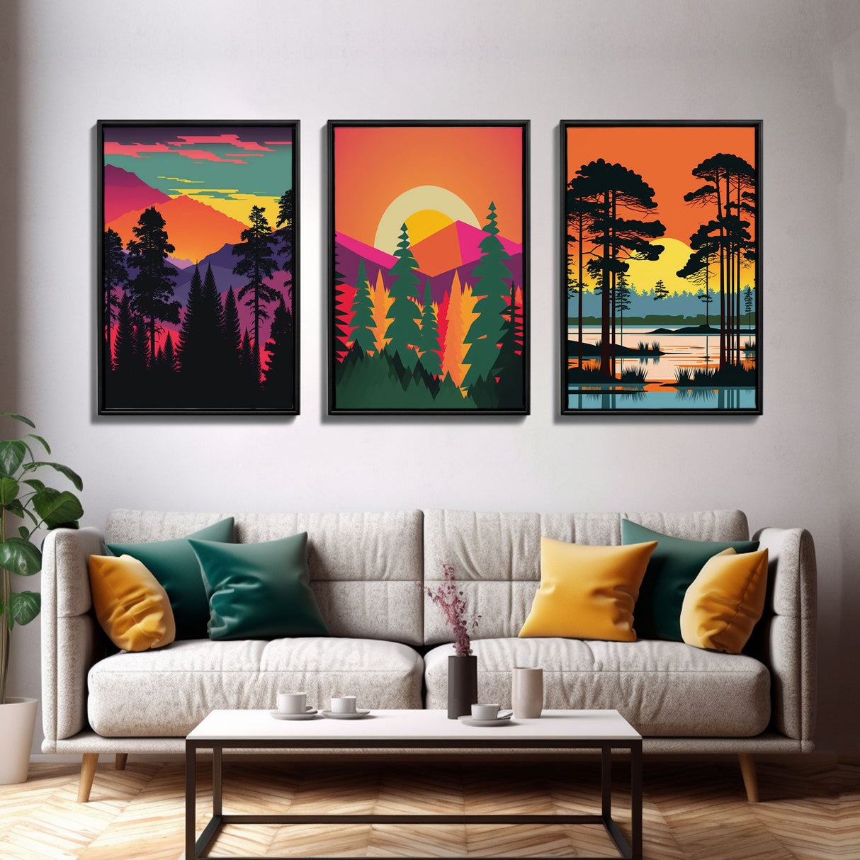 Pacific Northwest MCM Style Landscape Art, Framed Canvas Prints, 3 Piece Art Set, Triptych Art, Colorful Retro Style Pine Tree Forests