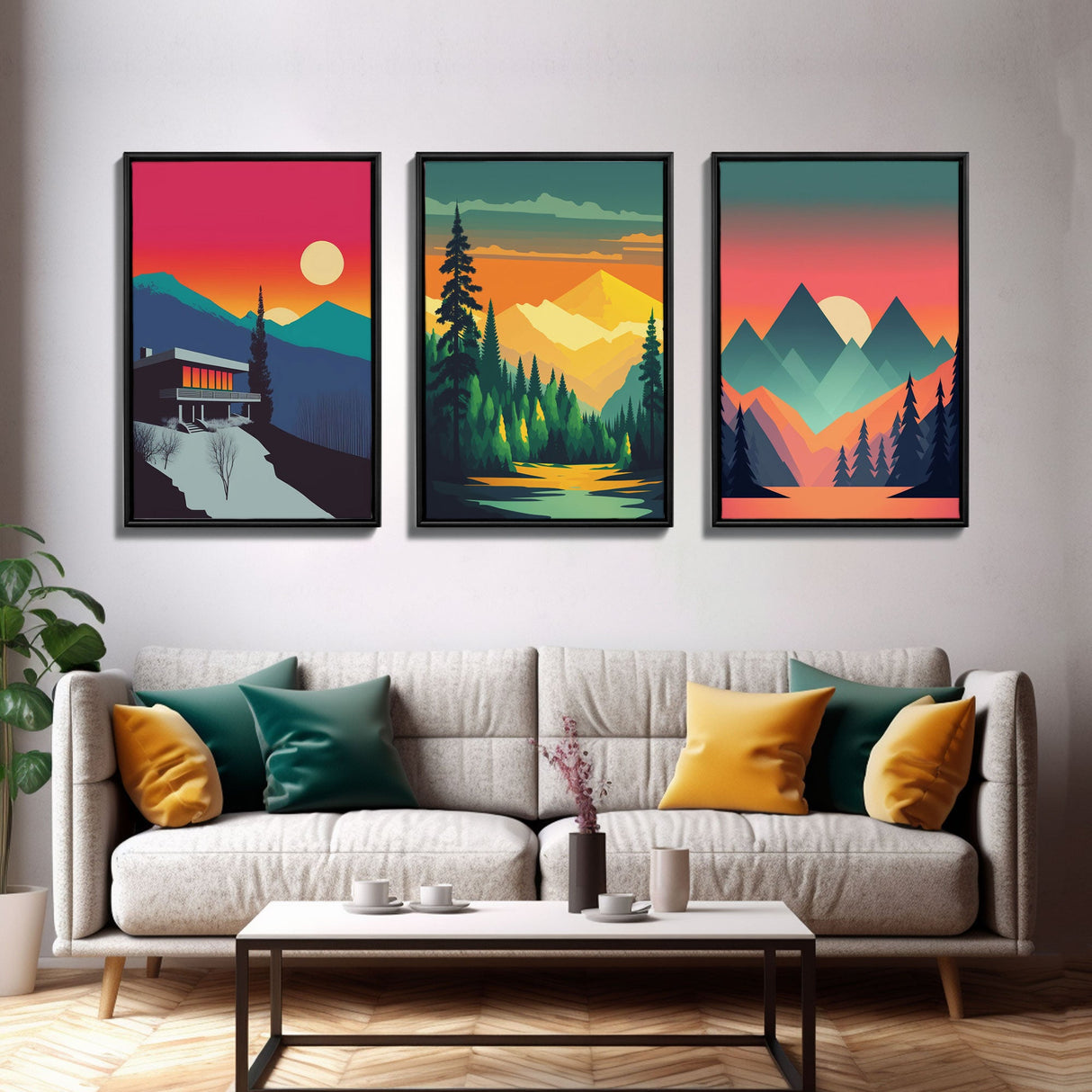 Scandinavian Canvas Prints Framed, 3 Piece Wall Art, Nordic Print Set, Modern Abstract Art, Minimalist Landscape Sunset Art, Forest Mountain