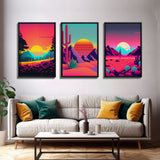 Retro Synthwave Style 80s Vibes Art, 3 Panel Canvas, Triptych Art, Framed Canvas Prints, Sunset, Pink Hues, Pastel Art, Vaporwave Decor