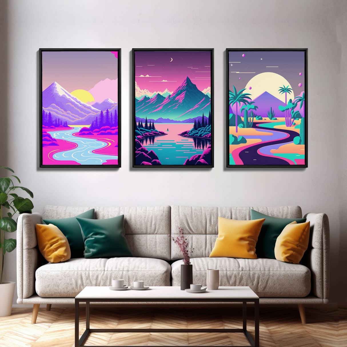 Vaporwave Aesthetic Mountain Landscape Prints, Framed Canvas Art, 3 Panel Art Set, 3 Piece Art, Retro Feel Minimalist Abstract Art