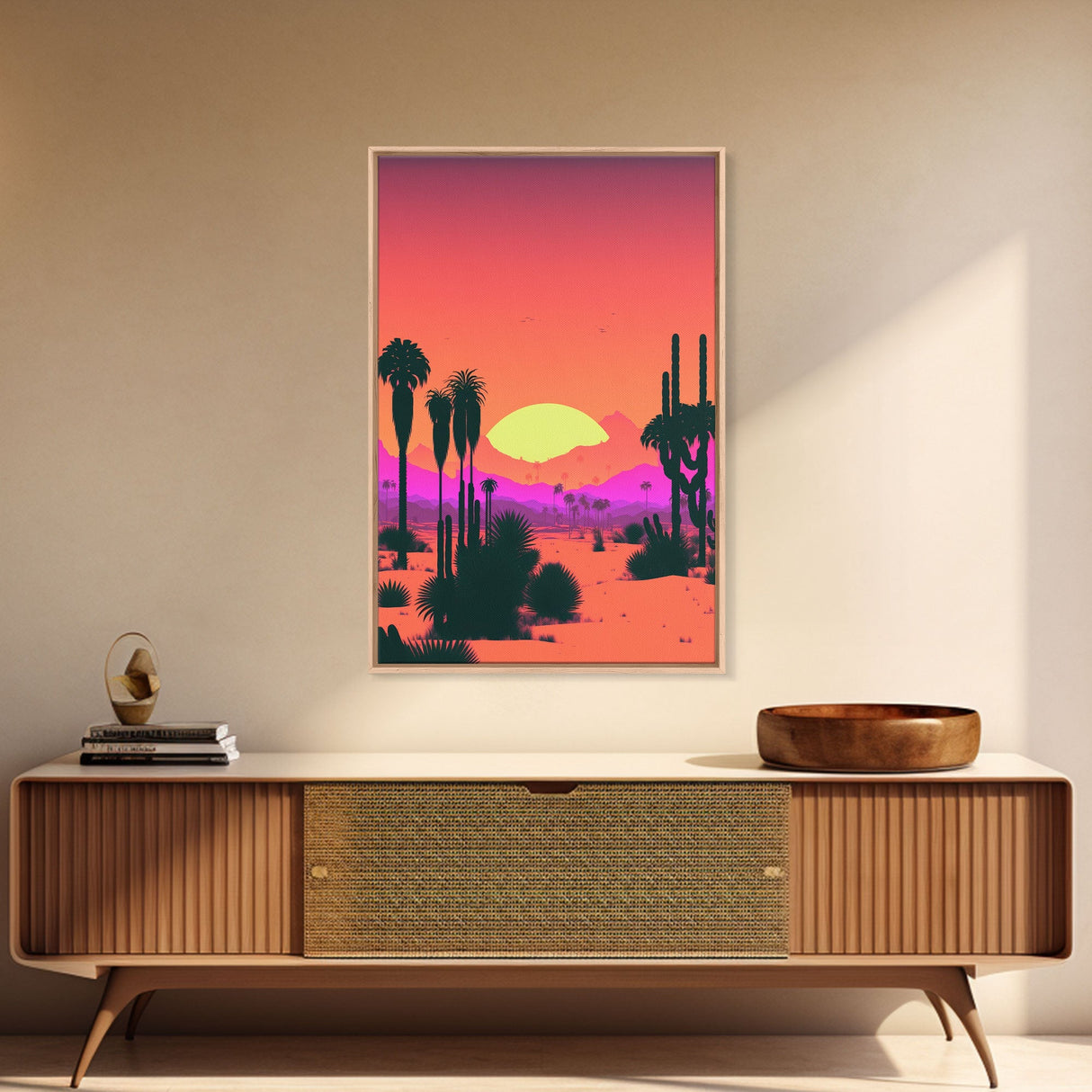 Retro Art Deco Style Minimalist Desert Landscape Print, Framed Canvas Art, Synthwave Style, Southwestern Decor, Western Art, Guest Room