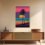 Framed Canvas Print | Art Deco Sunset, Beaches, Pop Art, Palm trees, Retro Style, Island Vibe | Vibrant and Colorful | Retro Style