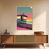 Synthwave Sunset Beach California Lifeguard Hut Framed Canvas Print, Retro Style, 80s Vibes, Turquoise Beach Art