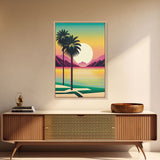 Framed Canvas Print - Art Deco Sunset Scene - Mountains, Palmtrees & Beaches - Retro Style Art - Living Room Decor