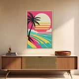 Framed Art Deco Canvas Print - Sunset Beach Scene, Minimalist Palms, Retro Style - Pink and Turquoise Vaporwave Art