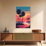 Framed Canvas Print - Art Deco Sunset, Beaches, Minimalist Palm Trees, Retro Synthwave, Vaporwave, 80s Vibes, Gamer Art, Bar Decor