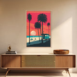 Retro Synthwave Art Deco Sunset Framed Canvas Print, Beaches, Palmtrees, Minimalist Style, Framed Art, Miami Art, California Decor