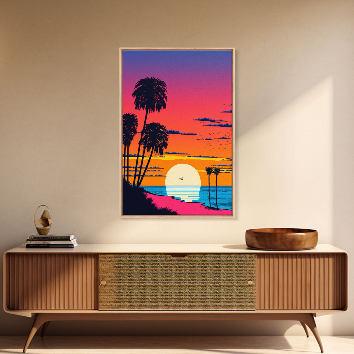 Framed Canvas Print - Art Deco Sunset, Beaches, Minimalist, Palmtrees, Retro Style, Synthwave, Vaporwave, 80s Style Decor, Palme Trees