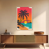 Framed Canvas Print - Art Deco Sunset, Beaches, Minimalist Palm trees - Island Vibes - Retro Tropical Art - Pop Art Beach Decor