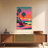 Framed Canvas Print – Art Deco Sunset Beach, Minimalist, Retro, Palm Trees, Synthwave, Vaporwave, Island Vibes, Lounging, Synthwave Deco