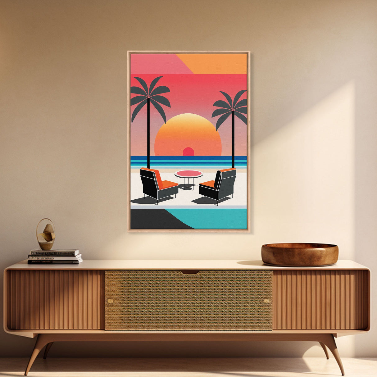 Framed Canvas Print - Art Deco Sunset, Minimalist Beach, Palm Trees, Retro Style, Synthwave, Vaporwave, Minimalist Abstract Decor