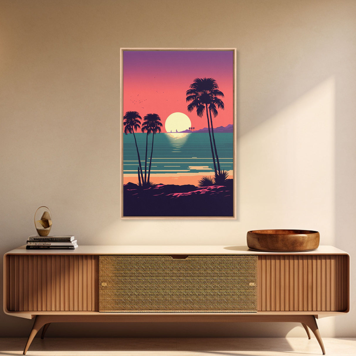 Framed Canvas Print - Art Deco Sunset, Palm Trees, Synthwave Vibes, Beach Decor, Vaporwave Pink Art, Miami Vibes