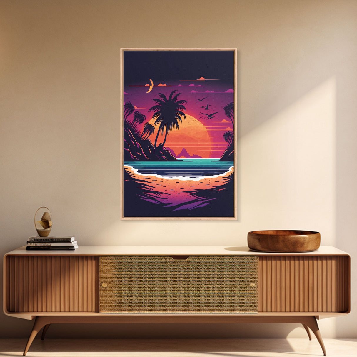 Framed Canvas Print - Pop Art Style Beach at Sunset with Palm Trees - Retro Style - Living Room / Office / Bedroom Wall Art