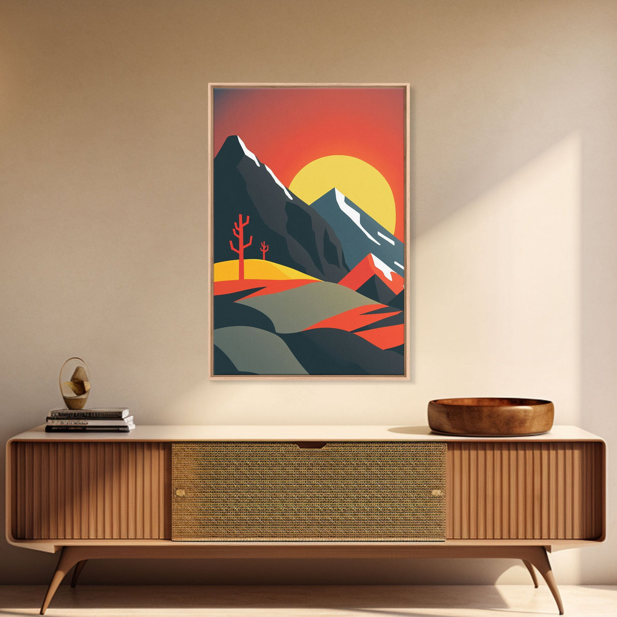 Orange Sky and Sunset over A Mountain Landscape, Framed Canvas Print, Minimalist Abstract Art