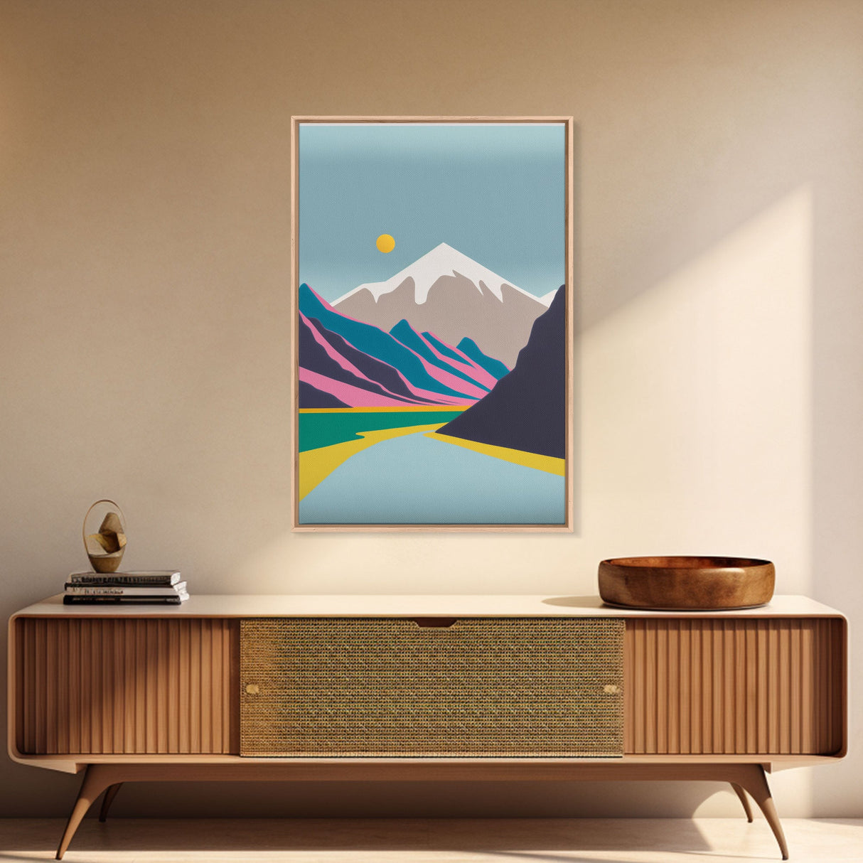 Surrealist Mountain Landscape, Abstract, Framed Canvas Print, Pink Mountains