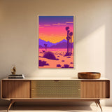 Retro Outrun Style Desert Landscape Print, Framed Canvas Art, Synthwave Style, Southwestern Decor, Western Art, Guest Room Decor