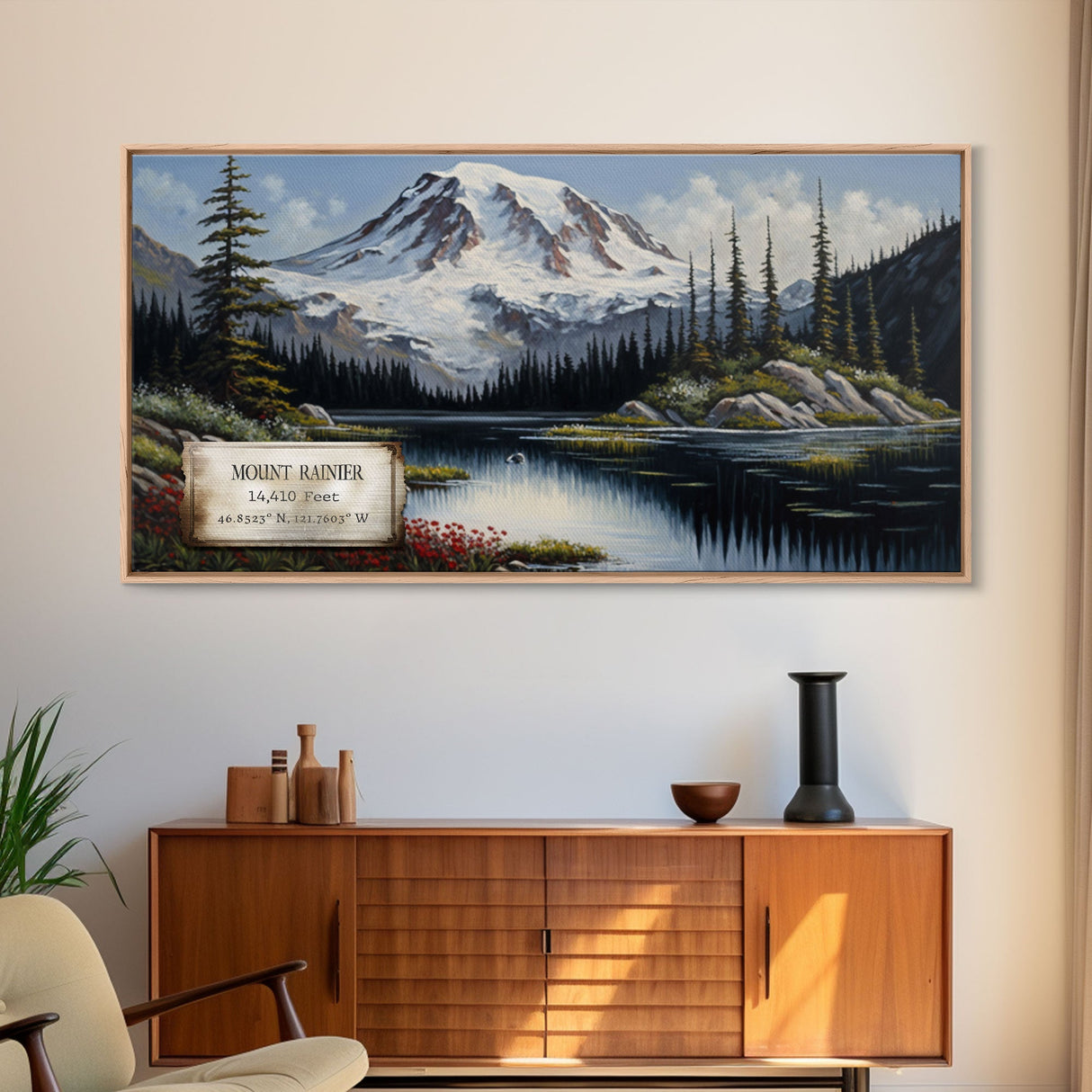 Mount Rainier, Travel Poster Wall Art, Framed Canvas Print, American Mountains, Mountain Landscape Painting, Washington State Art