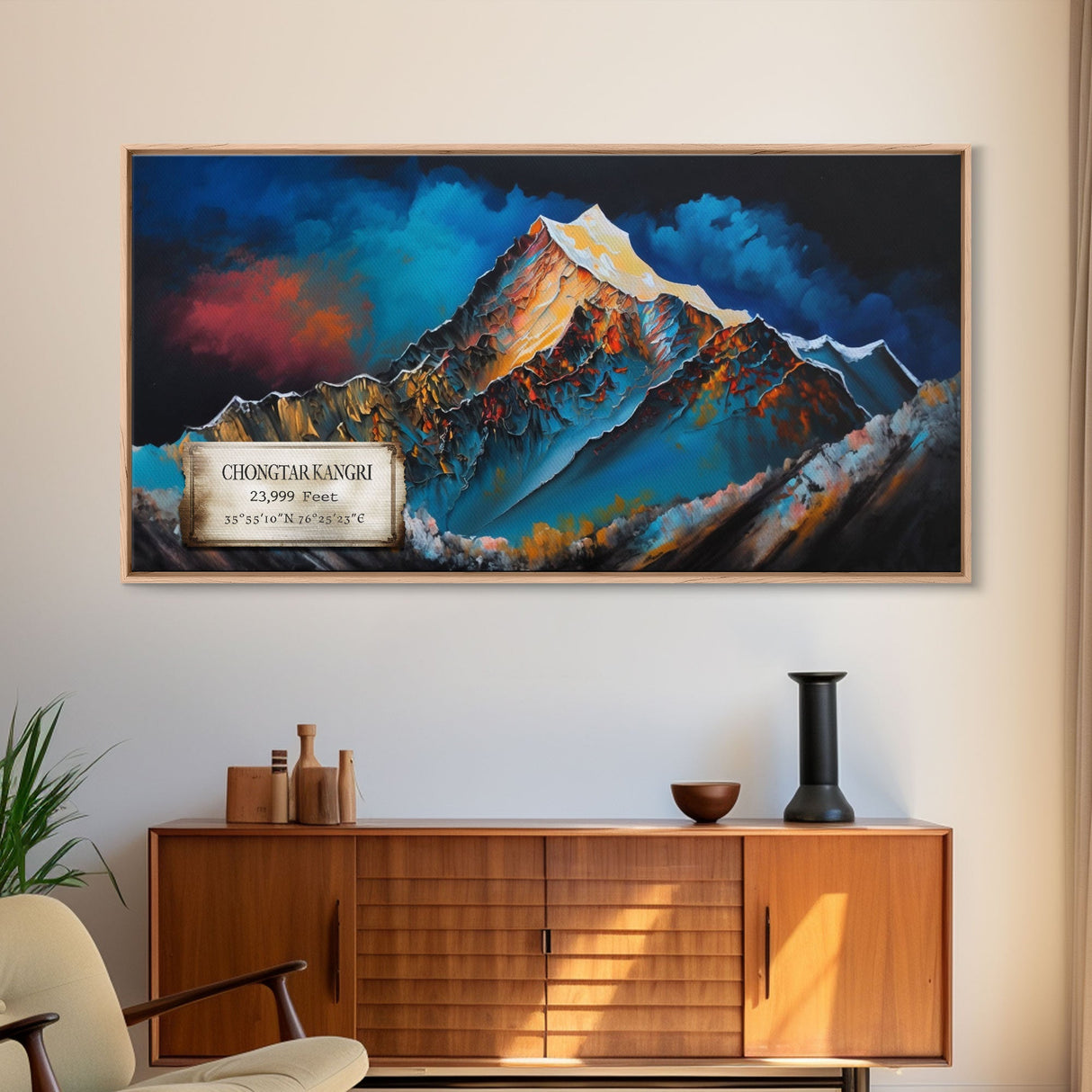 Chongtar Kangri, Travel Poster Wall Art, Framed Canvas Print, Mountain Art, Mountain Landscape Painting