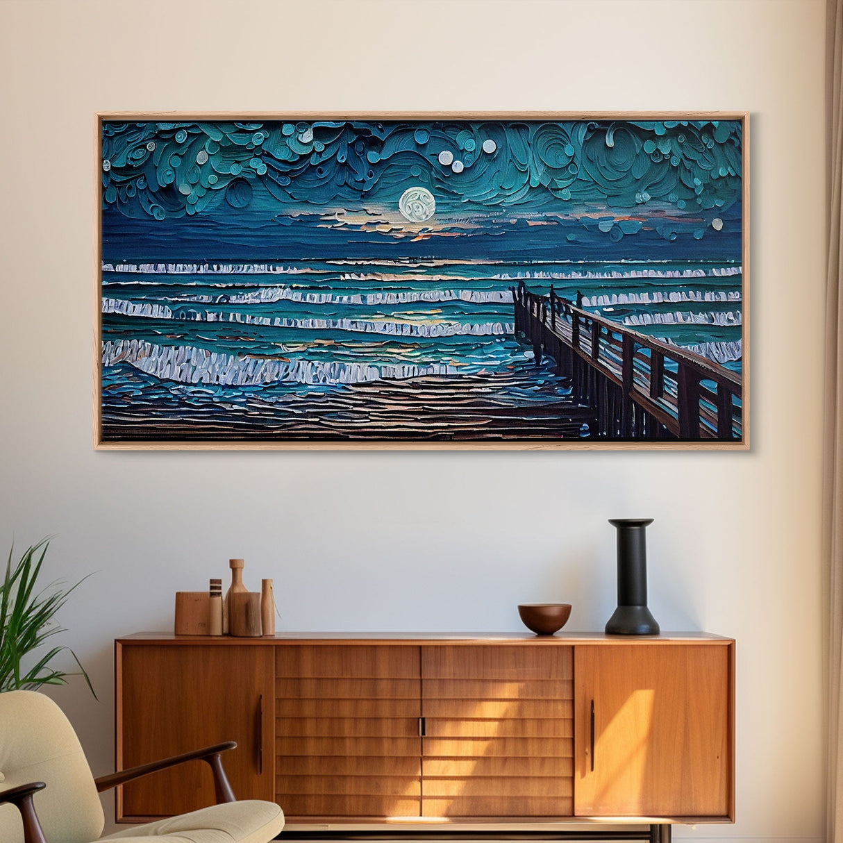 Full Moon Over Beach & Ocean Waves - Framed Canvas Print - Lighthouse and Beach Art - Lakehouse Art - Beach House - Living Room Decor