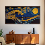 The Wave, Abstract Art, Framed Canvas Print, Wood Framed Wall Art, Gift, Van Gogh Style Art, Full Moon