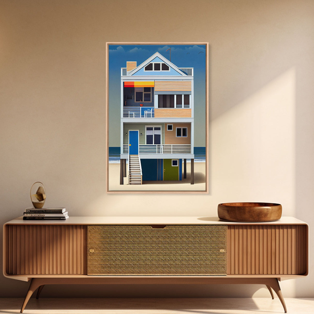 Whimsical Beach House Art, Framed Canvas Print, Cute Retro Beach House Painting, Wall Art