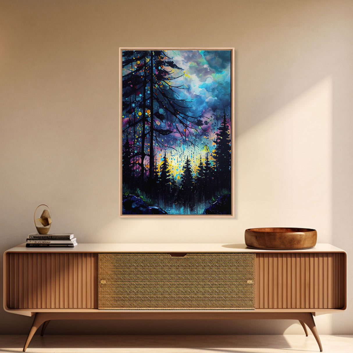 Abstract Pine Canvas Print of Oil Painting, Large Original Textured Fall Pine Forest Painting Contemporary Living Room Wall Art Decor