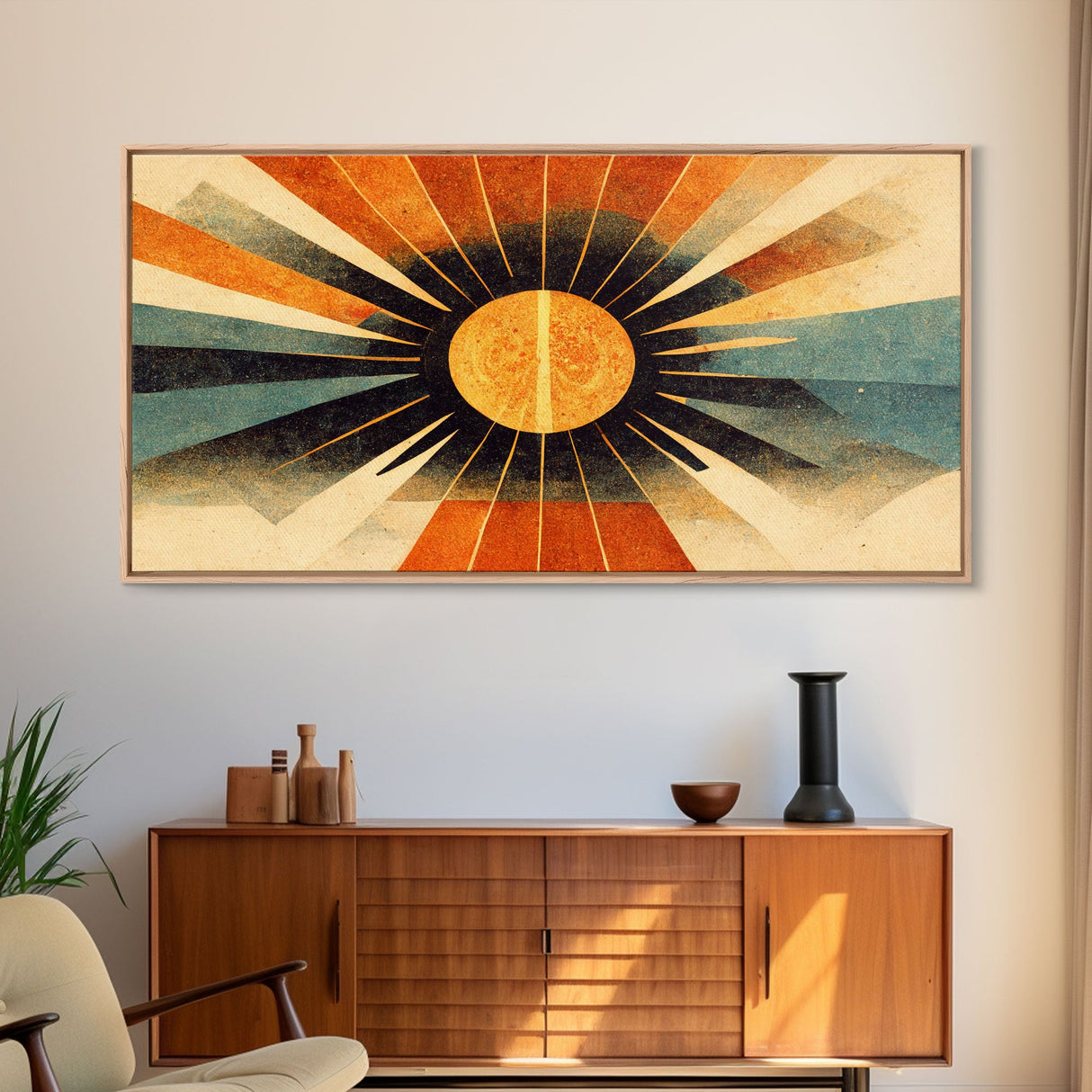 Abstract Midcentury Modern Sunburst, Canvas Print, Art Deco Style wall art, sun with sun rays, sun burst, boho style, ready to hang