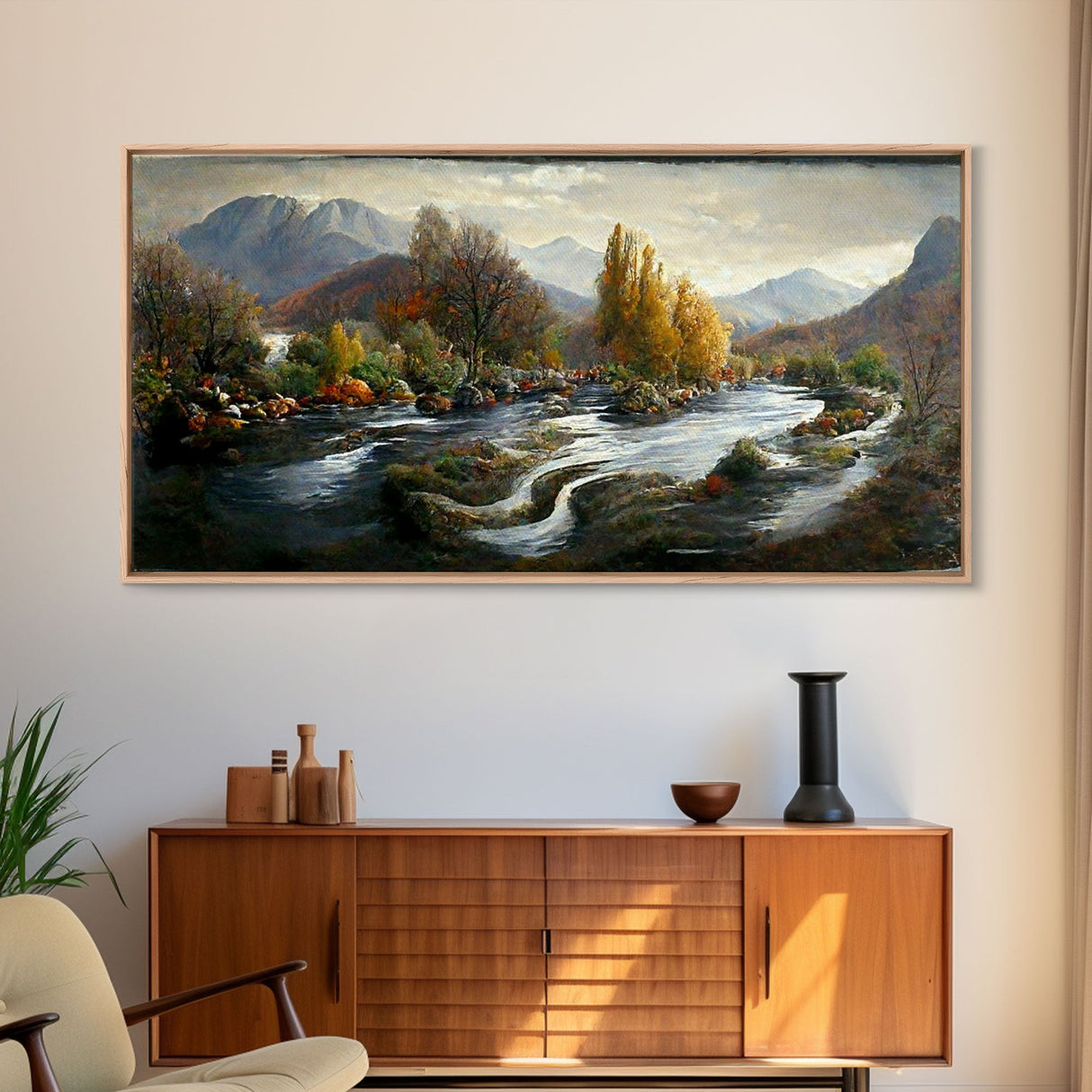 Scenic nature landscape canvas print, flowing river water color, fall scenic art, panoramic nature landscape