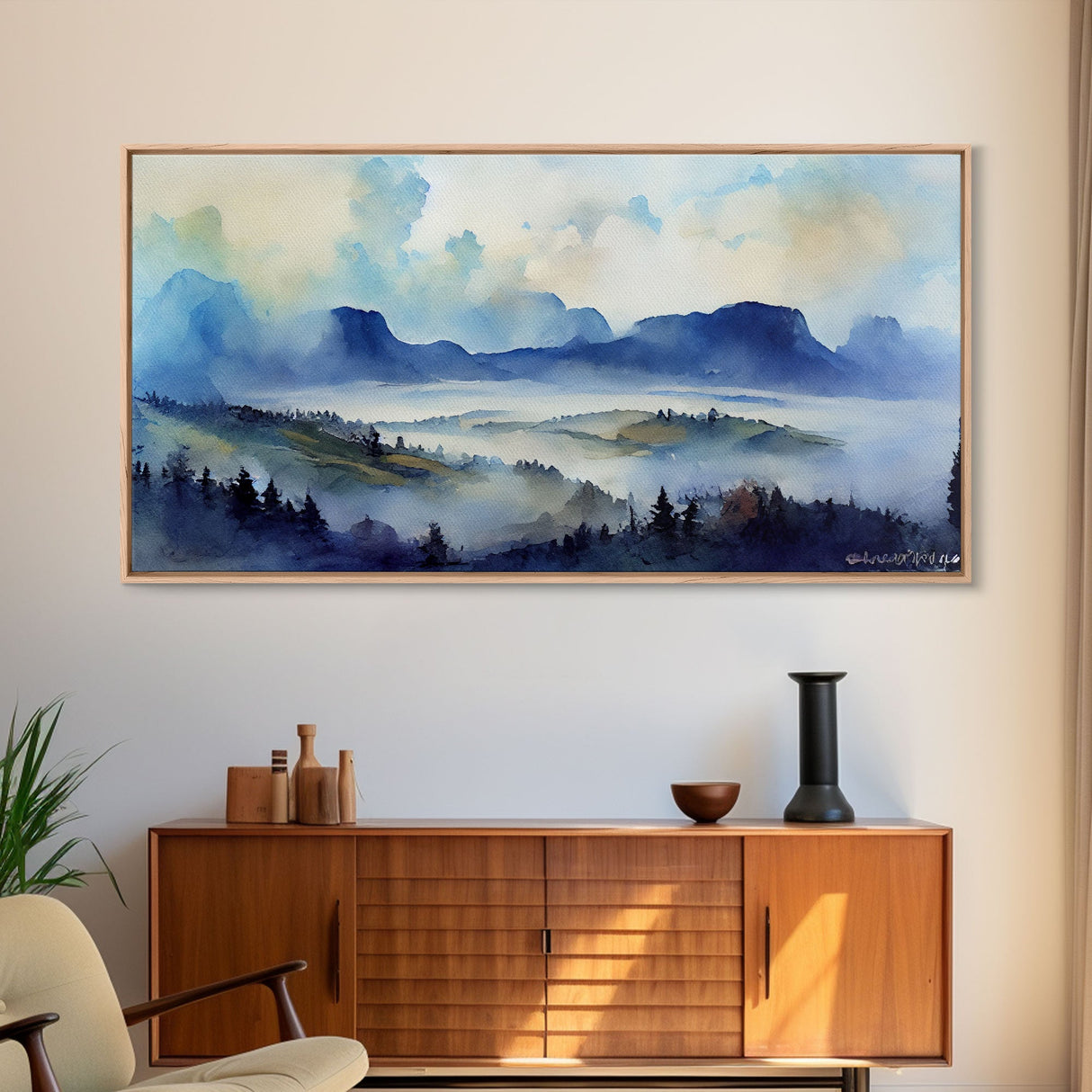 Panoramic Blue Mountain Valley Watercolour Art Canvas Print, Misty Rolling Hills Watercolor Landscape Painting Extra Large Panorama Print