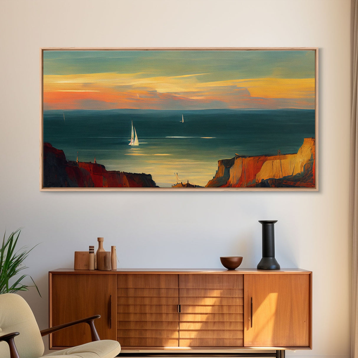 Canvas print of sail boats on the ocean, sailing at sunset, cool lakehouse art, living room wall art, sailboats, watercolor