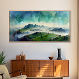 Panoramic Blue Green Mountain Valley Watercolor Canvas Art Print, Misty Rolling Hills Landscape, Extra Large Panorama Print