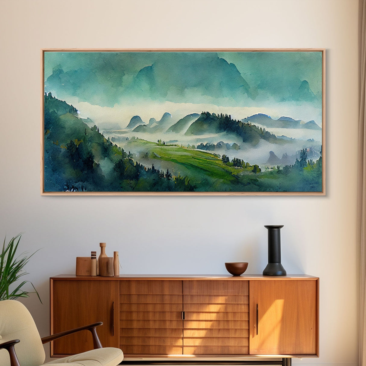 Panoramic Green Blue Foggy Mountain Valley Watercolor Canvas Art Print, Misty Rolling Hills Landscape, Extra Large Panorama Print