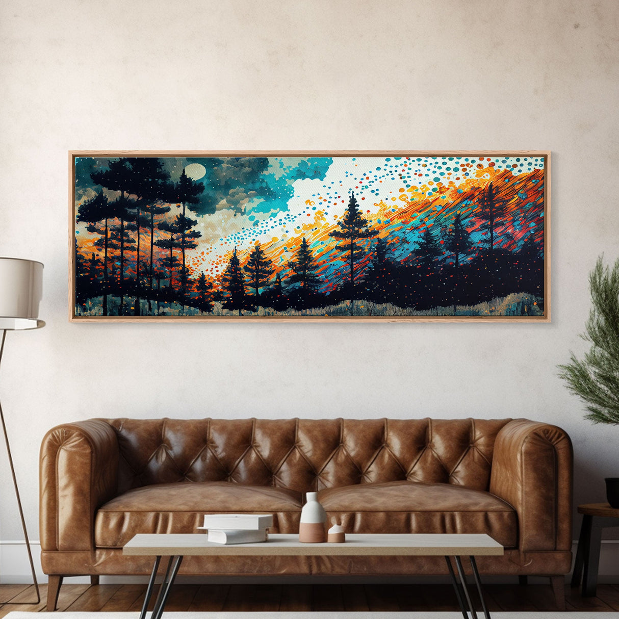 Extra large 24 x 72 wall art, framed canvas print, abstract pine tree forest painting, painting of a forest fire against a starry night sky