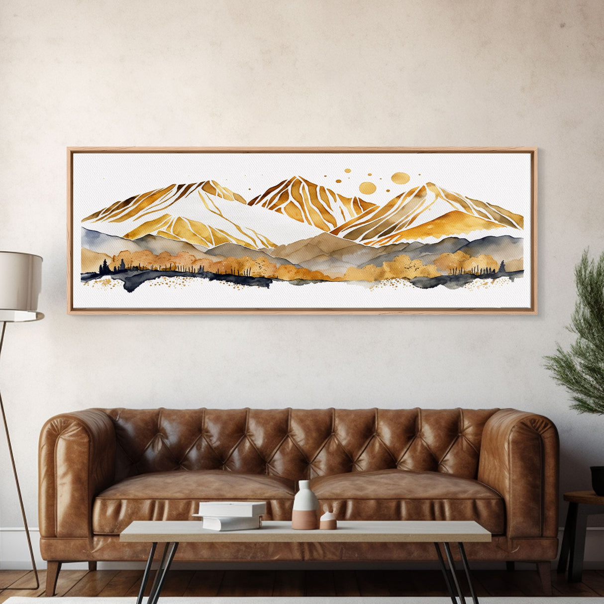 White & Gold Mountain Landscape Painting, Framed Canvas Print, Panoramic Art, Extra Wide Art, Center Piece Decor, Above Fireplace or Sofa