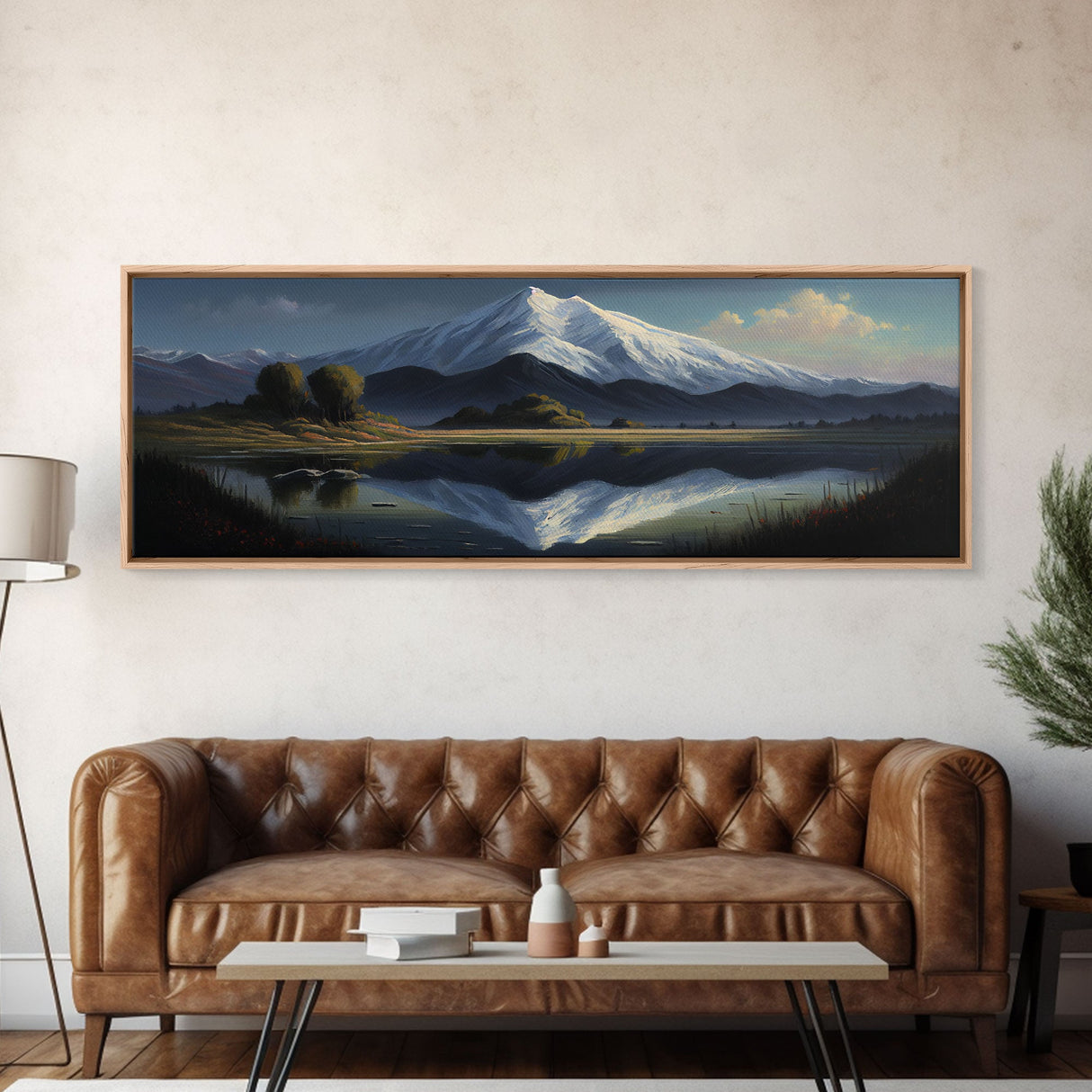 Contemporary Mountain Oil Painting Framed Canvas Print | Huge Wall Decor | Panoramic Nature / Landscape Painting | Wood Frame Art