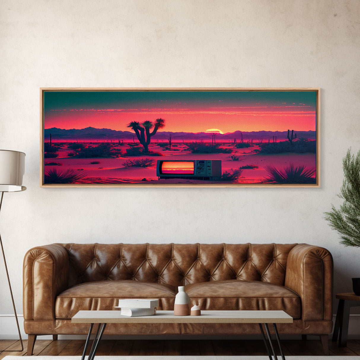 Surrealist Art, Retro TV Abandoned In The Desert, Statement Piece, but what? -  Framed Canvas Print - Synthwave Sunset Desert Art