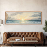 Panoramic Sea Canvas Oil Painting Print, Holiday Seascape Art, Blue Sky Cloud Mural Living Room Decor Painting Framed Wall Art