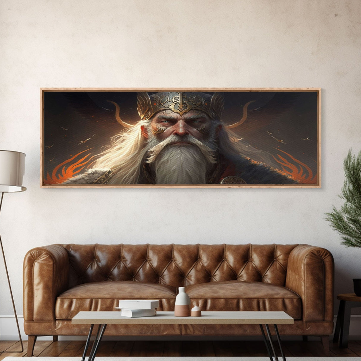 Panoramic Portrait of Odin, Norse Mythology Painting, Framed Wall Art, Man Cave Decor