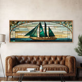 Panoramic Art Deco Sail Boat, Stained Glass, Early 20s Style Art, Roarin' 20s Art, Nautical Theme Framed Canvas Print, Extra Large Art