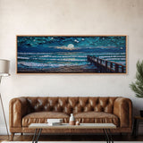 Panoramic Van Gogh Inspired Beach, Framed Canvas Print, Cool Painting, Full Moon Over Rolling Waves, Soothing Abstract Beach Decor