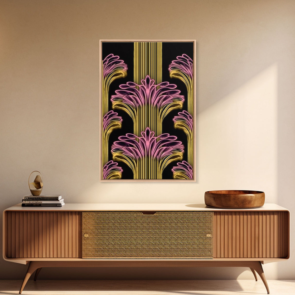 Art Deco Pattern Wall art - Framed Canvas Print - Art Deco - Black art - Bright colors - Pink & gold art - Office decor - Abstract nature