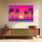 Beach sunset Wall Art, Framed Canvas Print, Colorful painting, Vibrant art, Synthwave Style, Warm Colors, Pop Art style, Tropical art