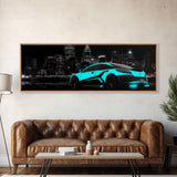 City Skyline Wall Art, Teal Sports Car,  Abstract Urban Art, Cityscape Art, Dark Night Large Urban Art, Panoramic, Wall Art, Canvas Print