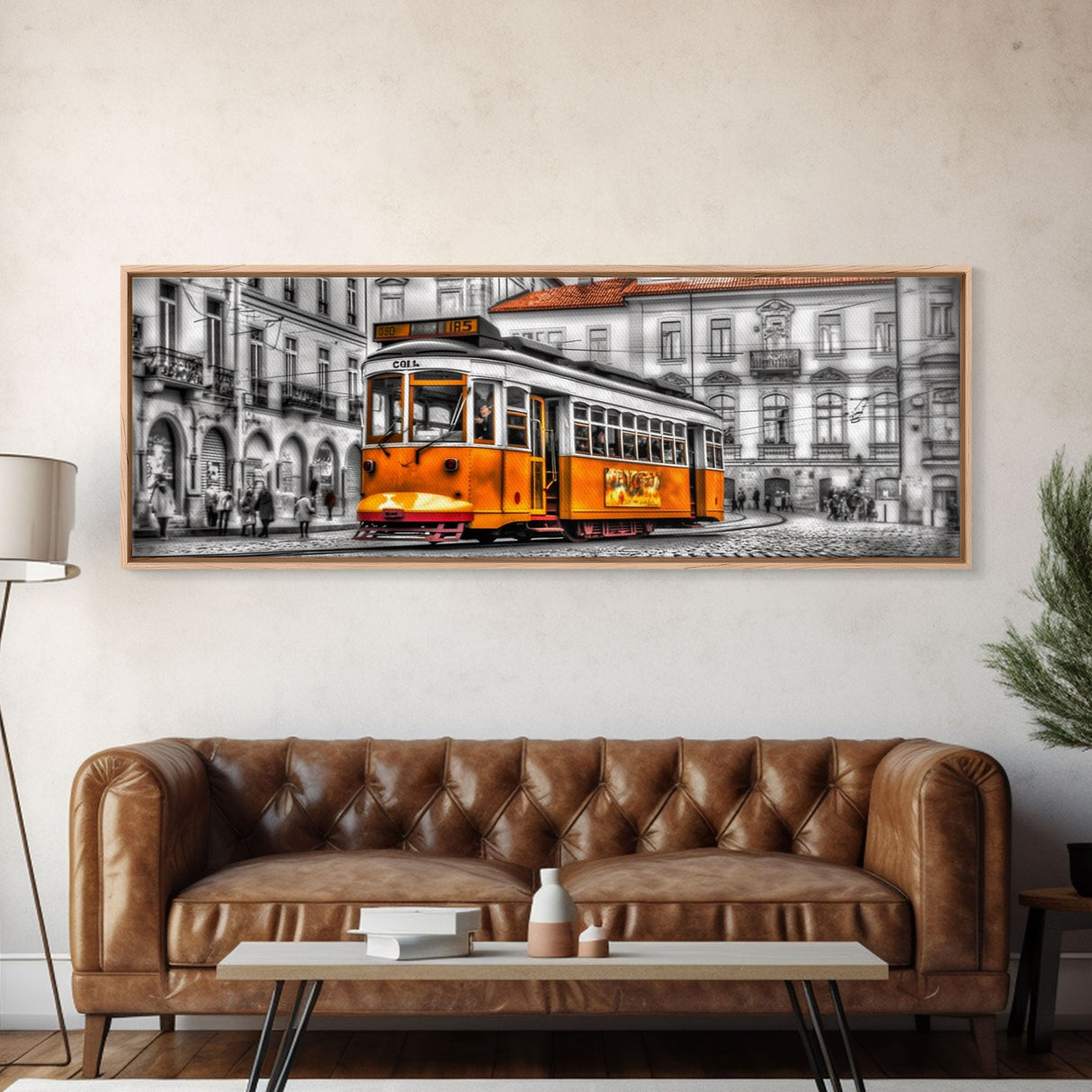 Tram Art, Lisbon Wall Art, Yellow Color Pop, Urban Art Print, Large Print, Vibrant Art, Framed Canvas, Panoramic, Wall Art, Canvas Print