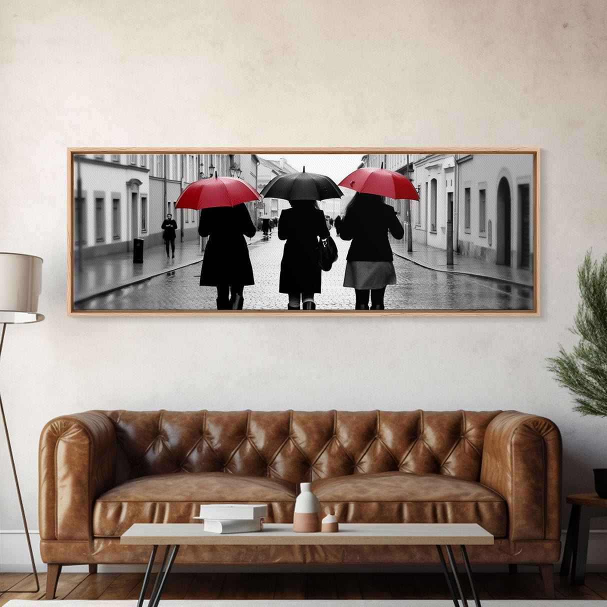 Red And Black Umbrellas, Women Walking On Street, City Art, Wall Decor, Large Urban Canvas Art Print, Panoramic, Wall Art, Canvas Print