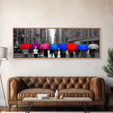 Pink Red Blue Purple Colored Umbrellas, People Walking On Street, City Art, Urban Canvas Art Print, Panoramic, Wall Art, Canvas Print