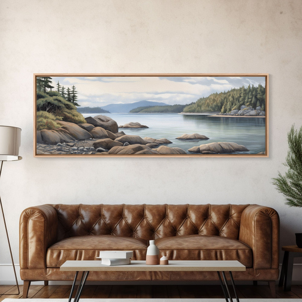 Colored Pencil Landscape Wall Art Print, Lake, Riverbank, River, Trees, Mountain, Large Canvas Art Print, Panoramic, Wall Art, Canvas Print