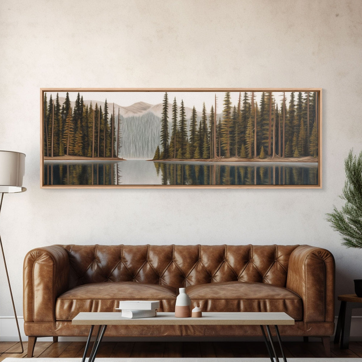 River Colored Pencil Landscape Wall Art Print, Lake, Trees, Mountain, Reflection, Large Canvas Art Print, Panoramic, Wall Art, Canvas Print